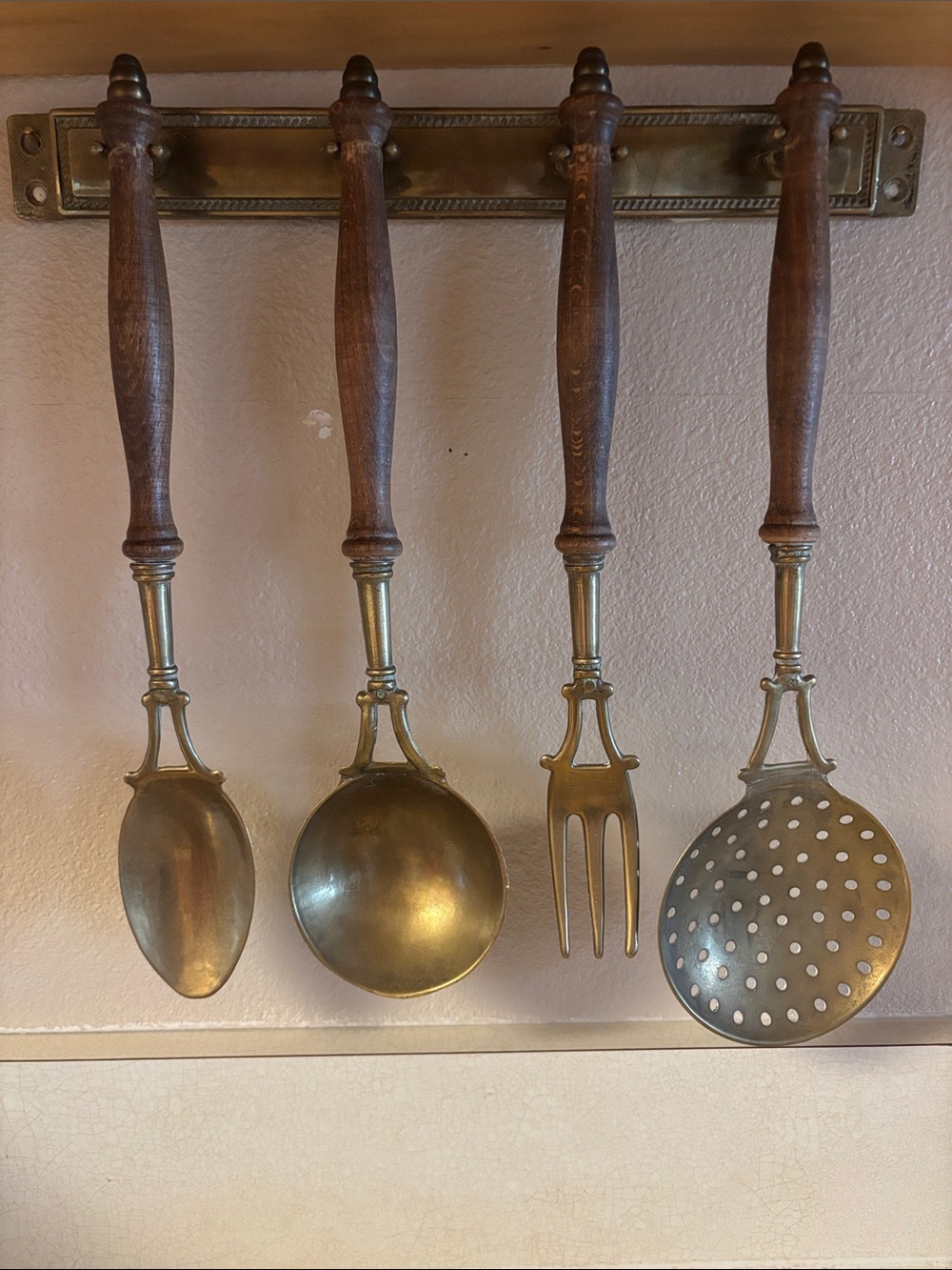 Vintage Brass and Wood Kitchen Utensil Set - Brown